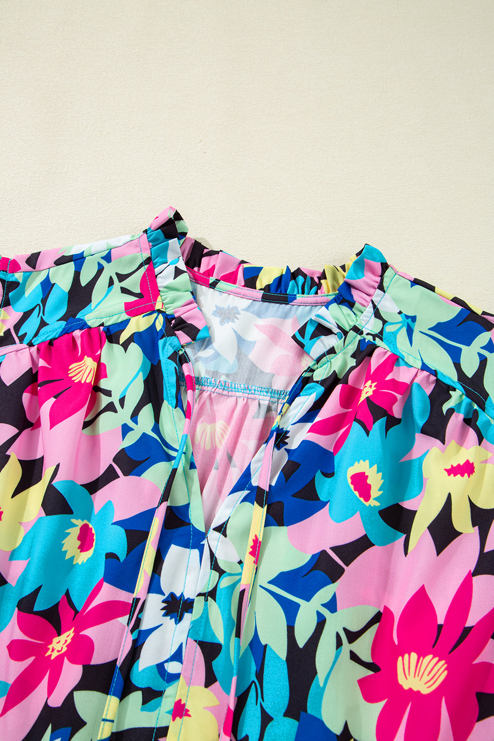Blue Floral Flutter Sleeve Tied Notched Neck Plus Size Blouse - The Fair Lady Shop