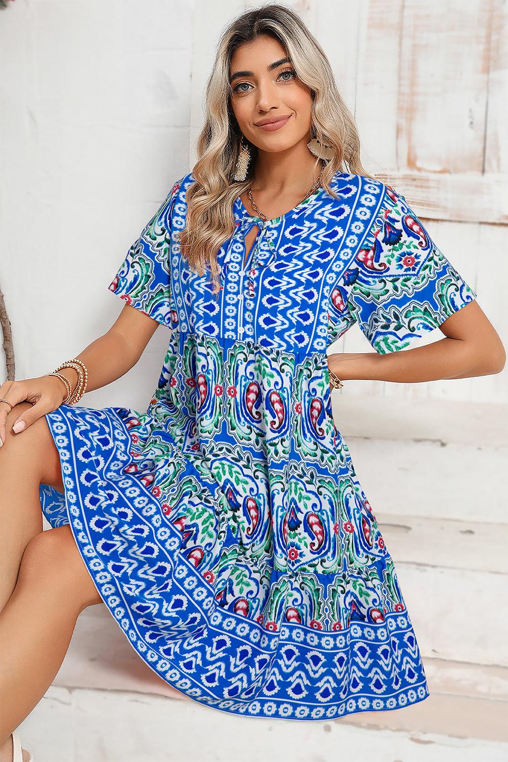 Orange Bohemian Tie Neck Flounce Sleeve Ruffle Hem Mini Dress - The Fair Lady Shop
