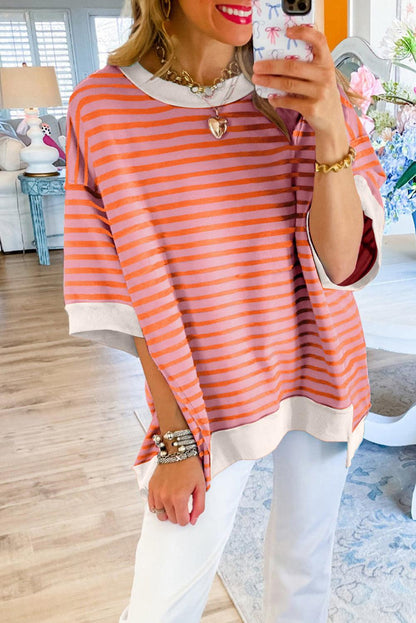 Pink Stripe Colorblock Drop Sleeve Oversized T Shirt - The Fair Lady Shop