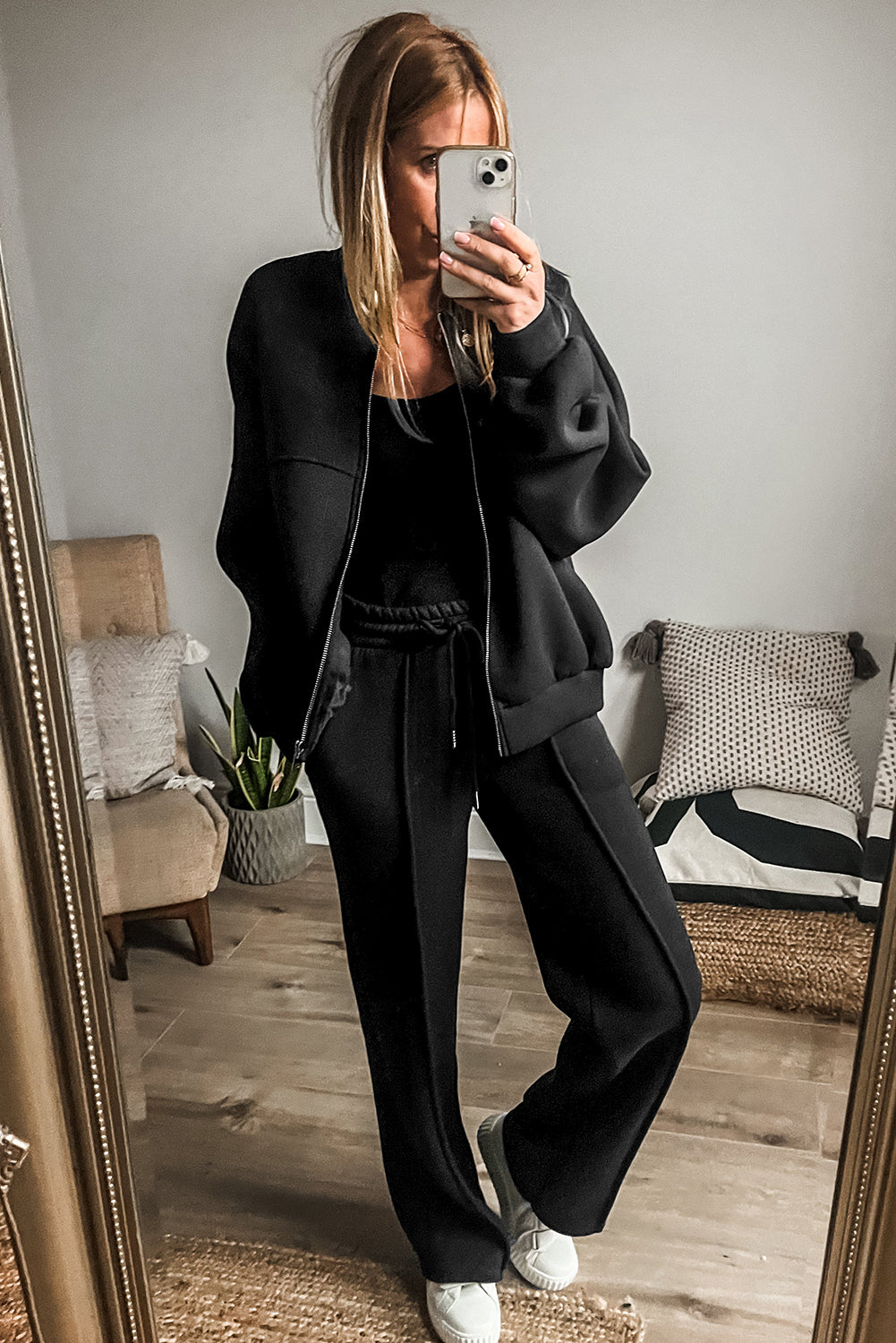 Black Seamed Zipper Jacket and Drawstring Waist Pants Set - The Fair Lady Shop