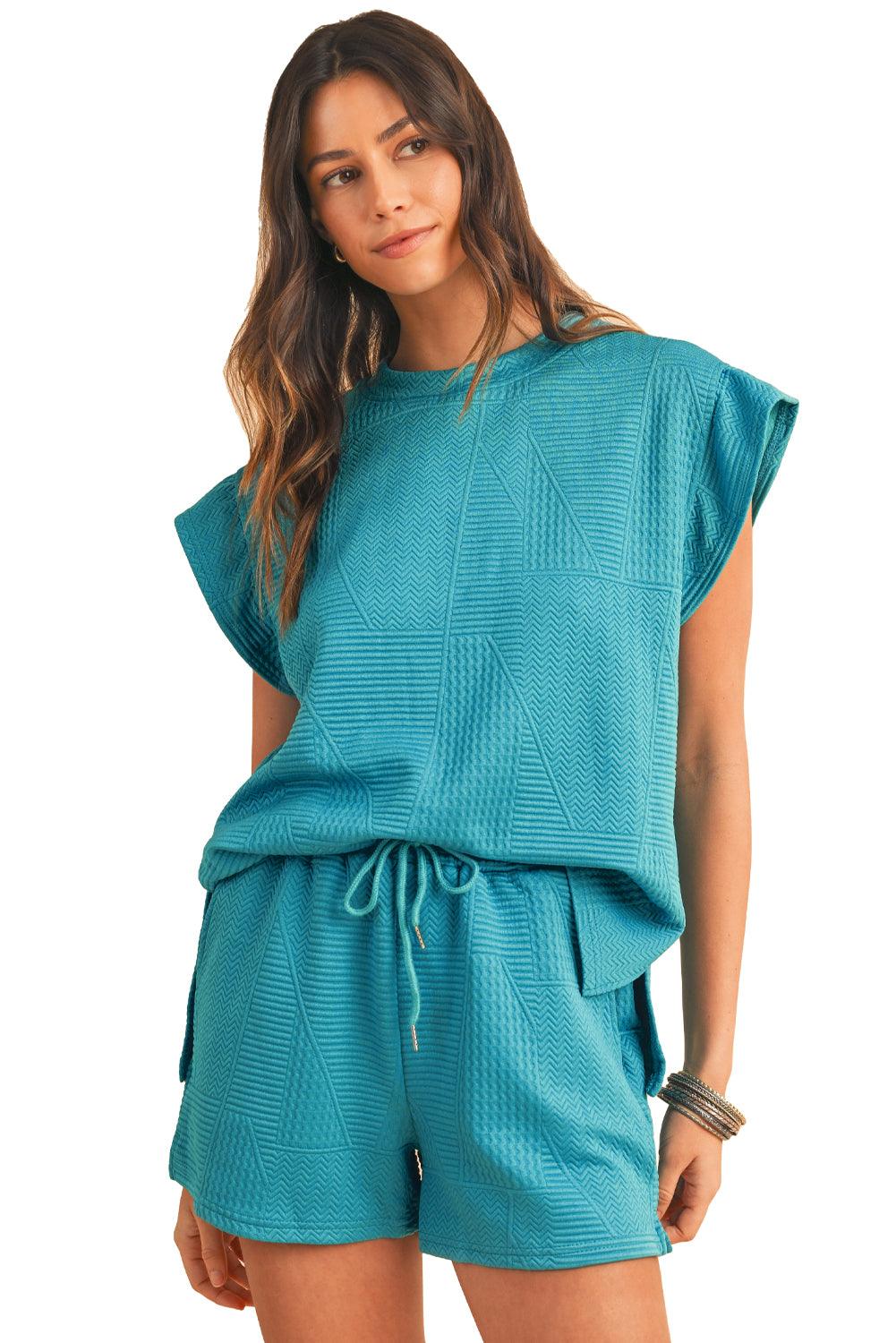 Dark Green Textured Ruffle Split Top and Drawstring Shorts Set - The Fair Lady Shop