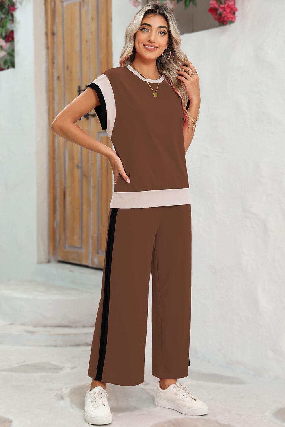 Chestnut Colorblock Cap Sleeve Tee and Wide Leg Pants Set - The Fair Lady Shop