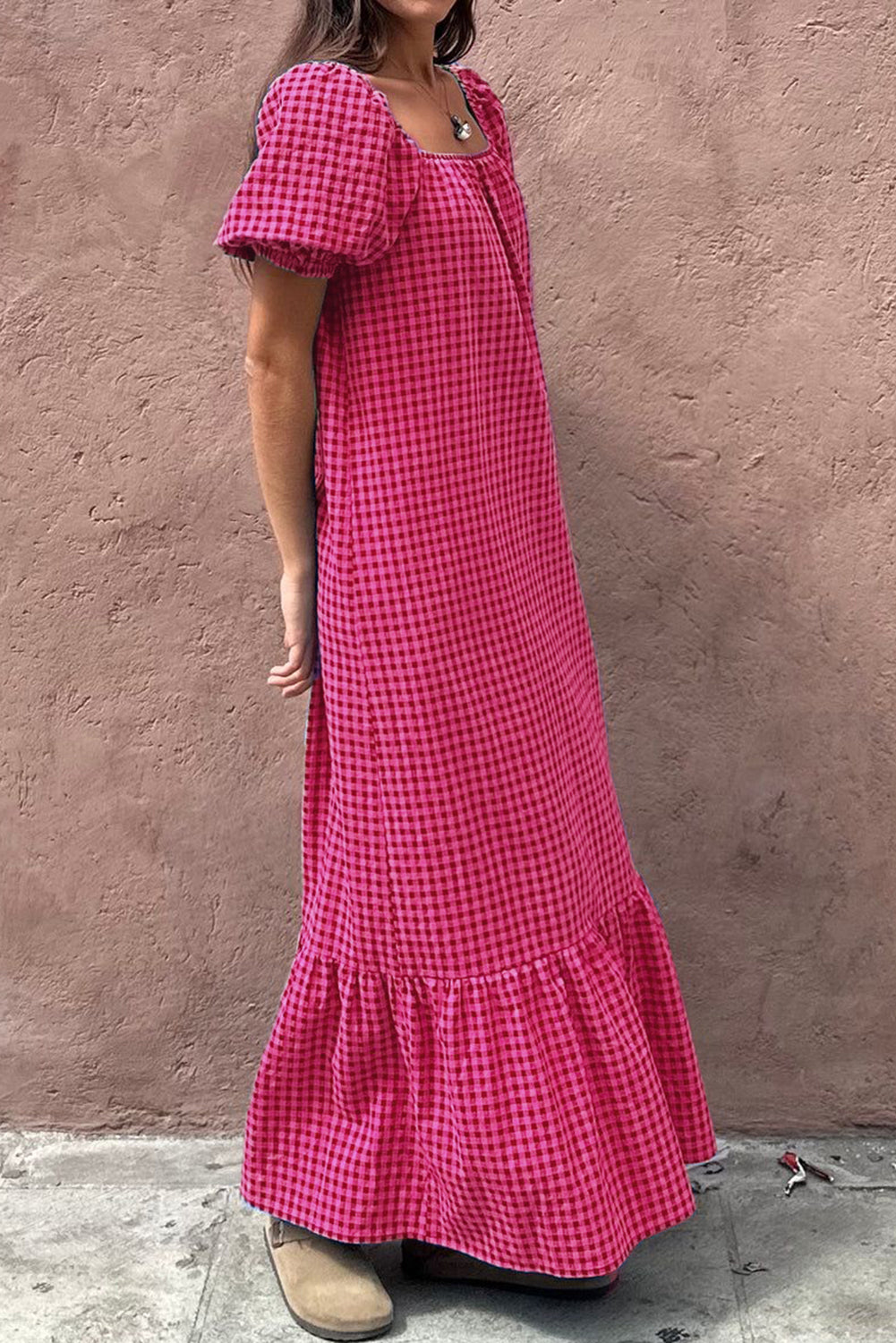 Rose Plaid Square Neck Puff Sleeve Maxi Dress - The Fair Lady Shop
