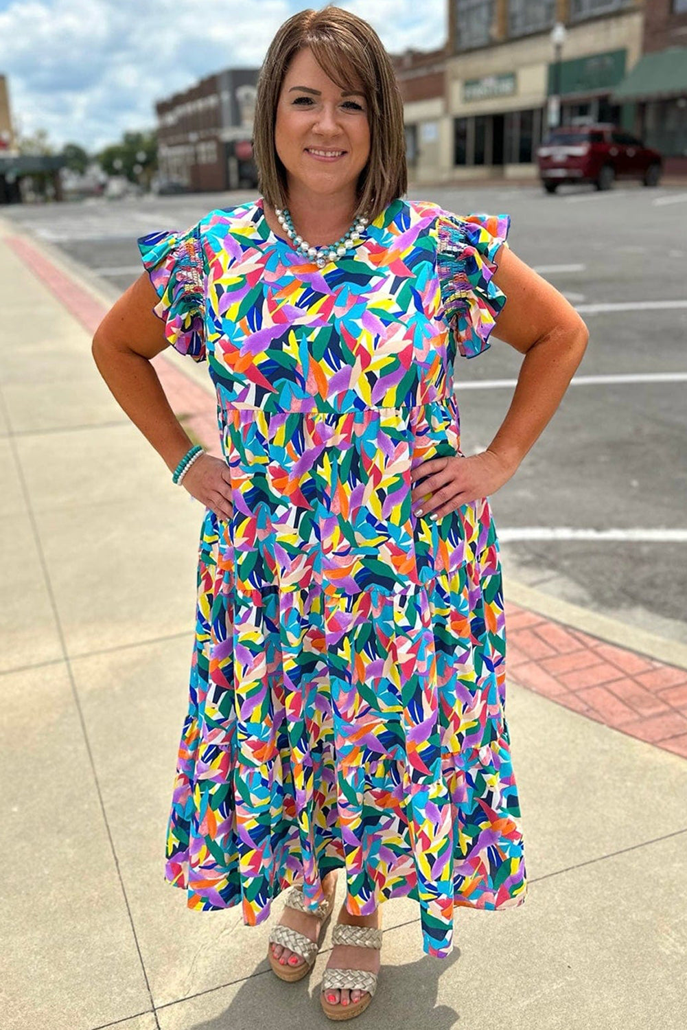 Blue Abstract Print Ruffle Sleeve Plus Size Tiered Maxi Dress - The Fair Lady Shop
