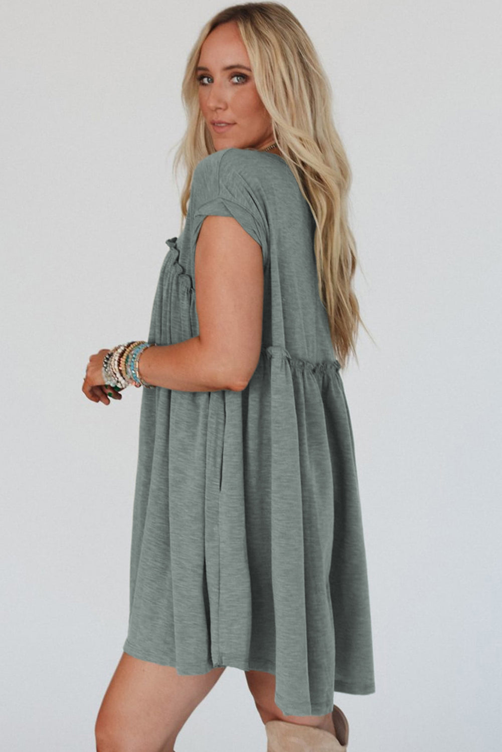 Mist Green Frilled Seam Round Neck T Shirt Dress - The Fair Lady Shop