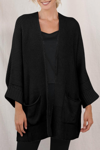 Black Batwing Sleeve Pocket Oversized Cable Knit Cardigan - The Fair Lady Shop