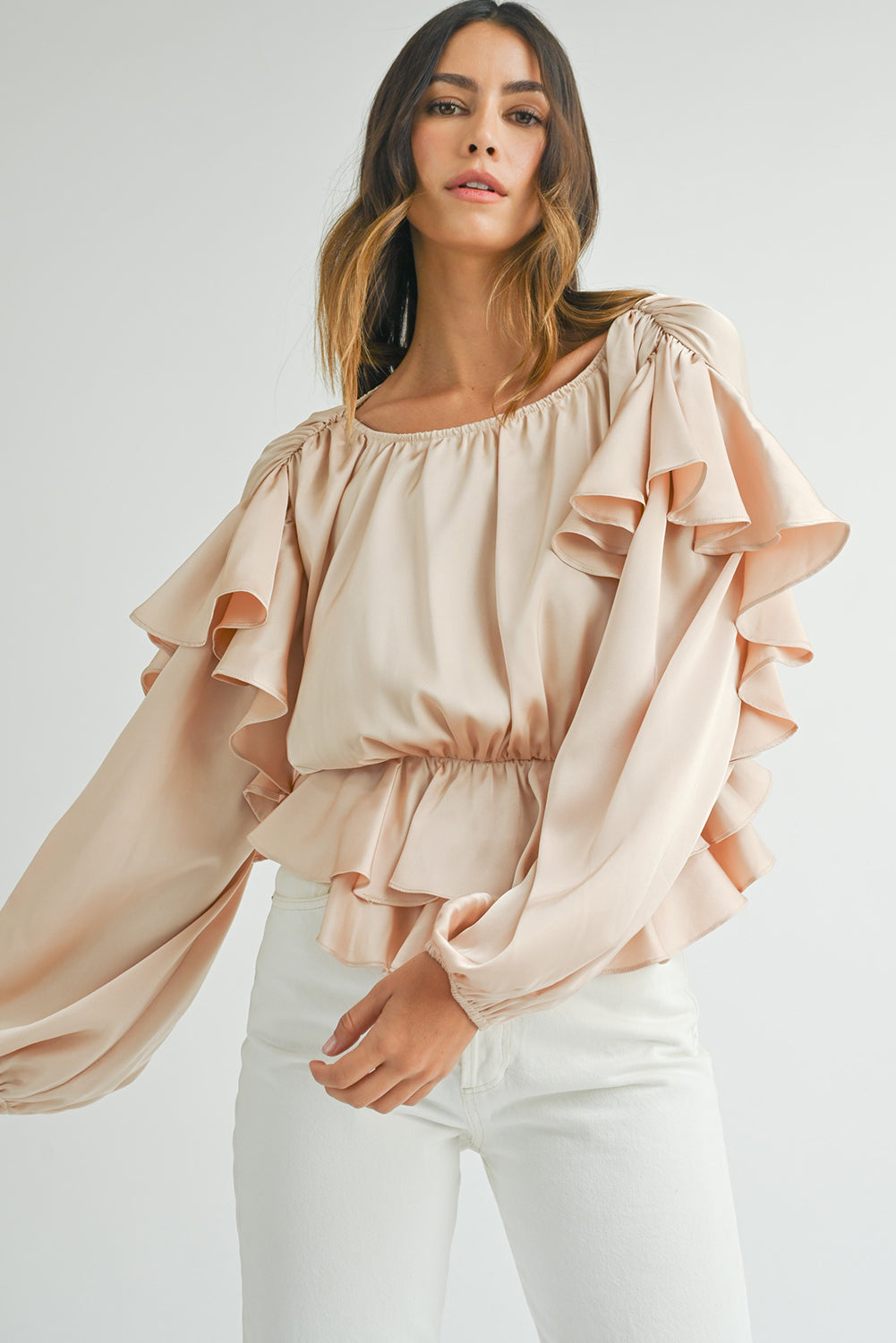 Oatmeal Elegant Satin Ruffle Long Sleeve Blouse - The Fair Lady Shop