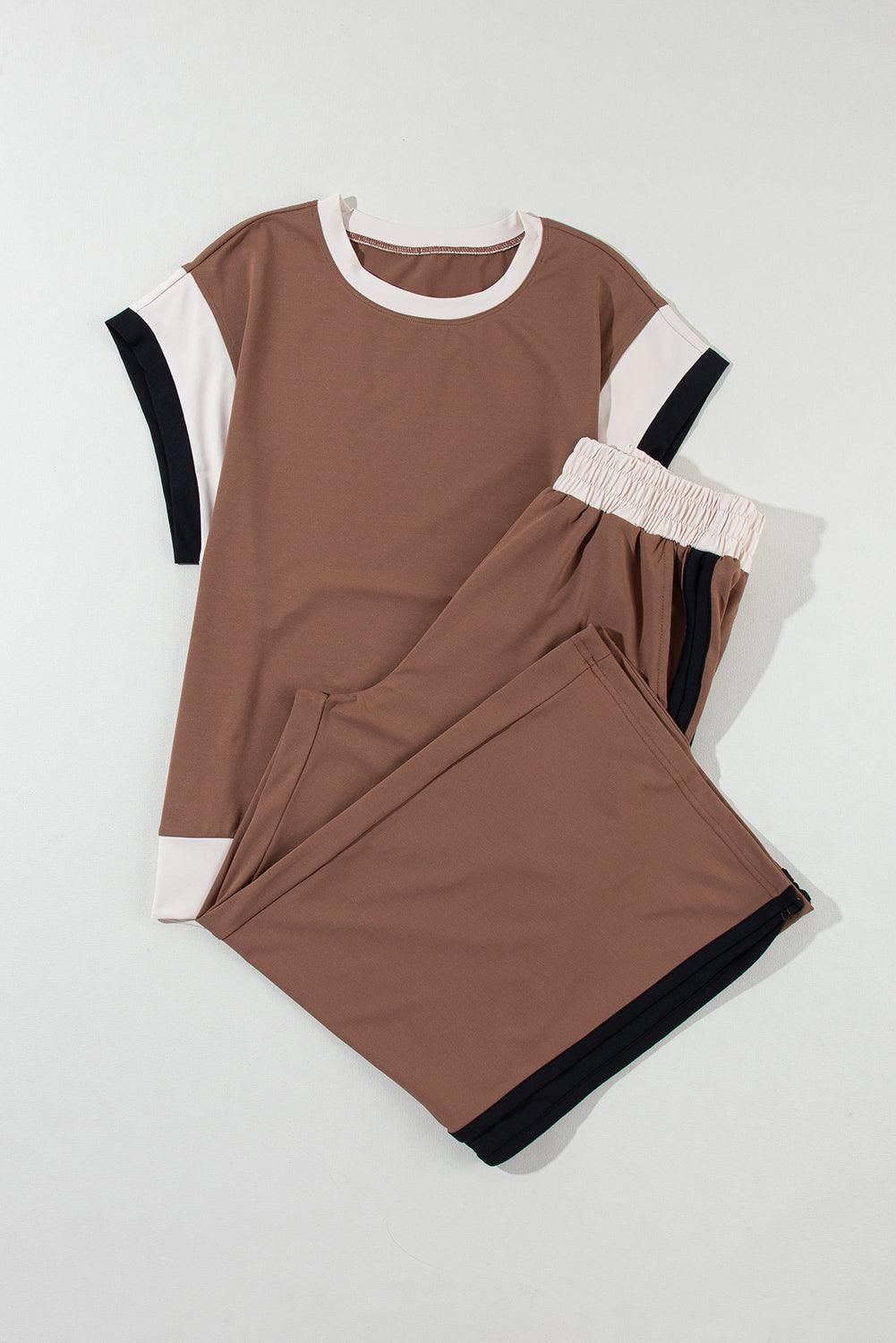 Chestnut Colorblock Cap Sleeve Tee and Wide Leg Pants Set - The Fair Lady Shop