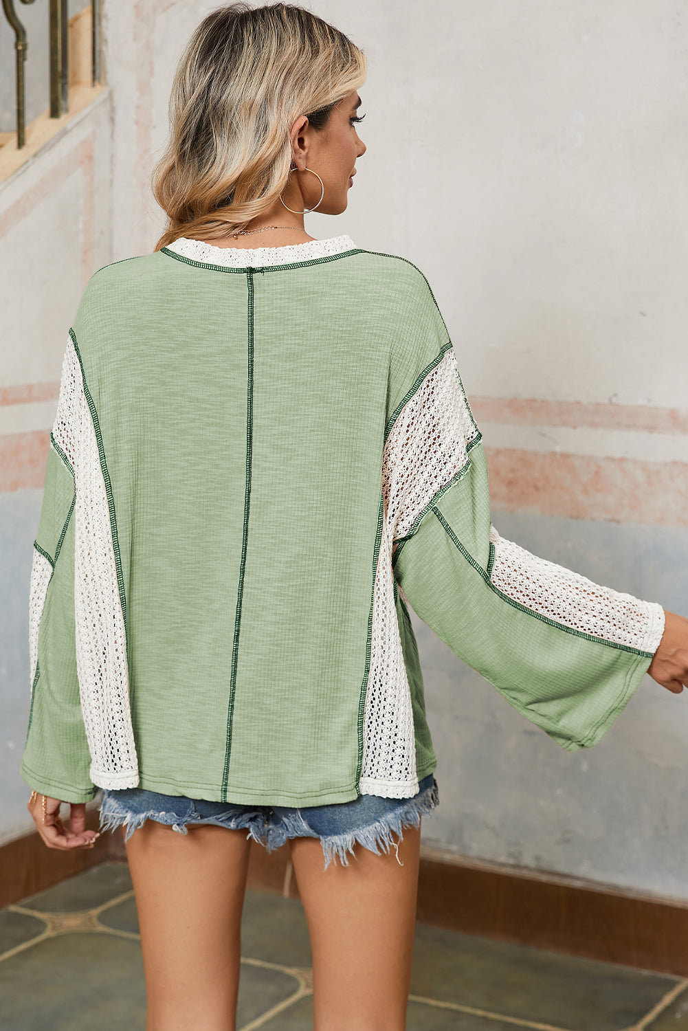 Grass Green Crochet Patchwork Exposed Seam High Low Loose Top - The Fair Lady Shop