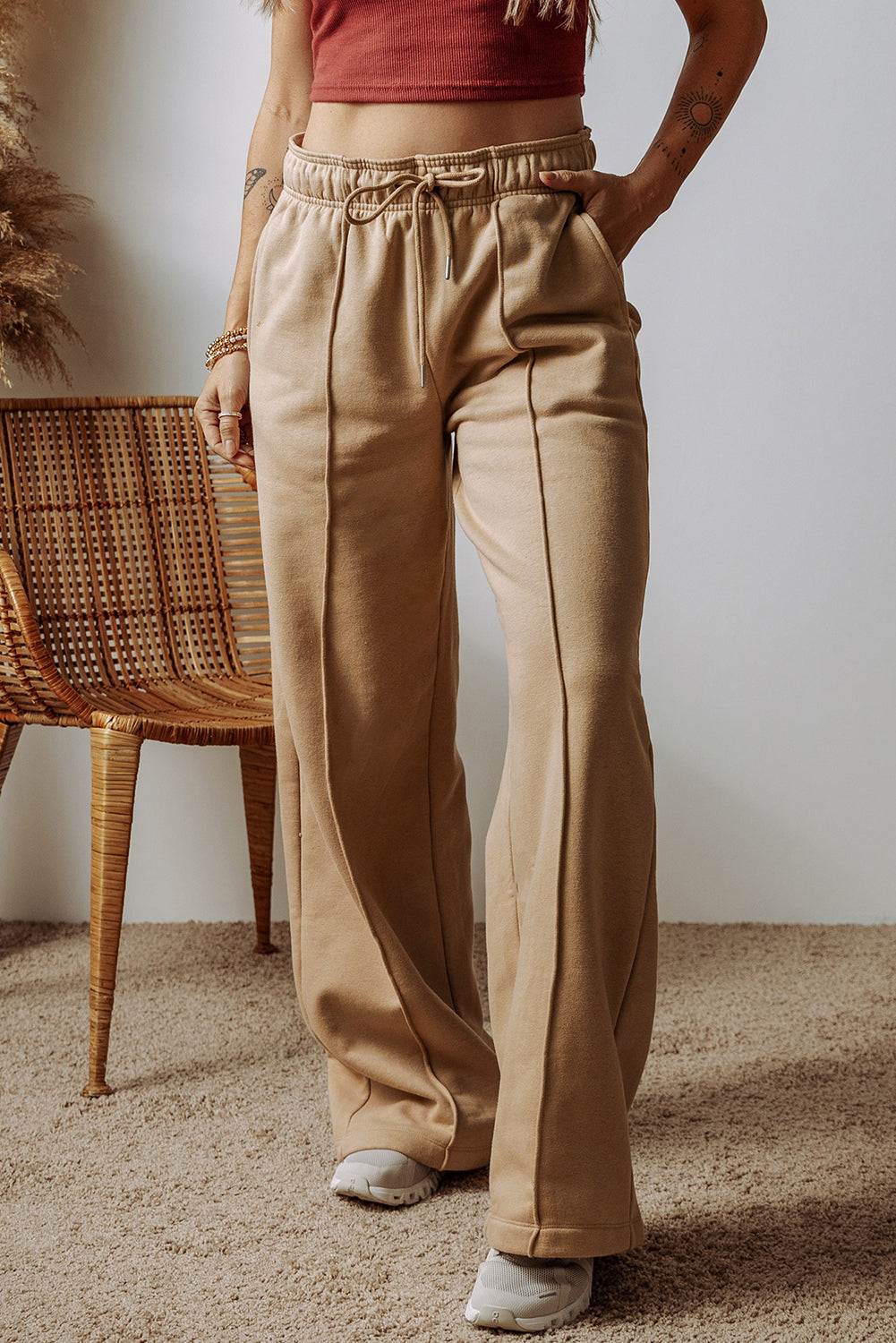 Smoke Gray Exposed Seam Drawstring High Waist Wide Leg Pants - The Fair Lady Shop