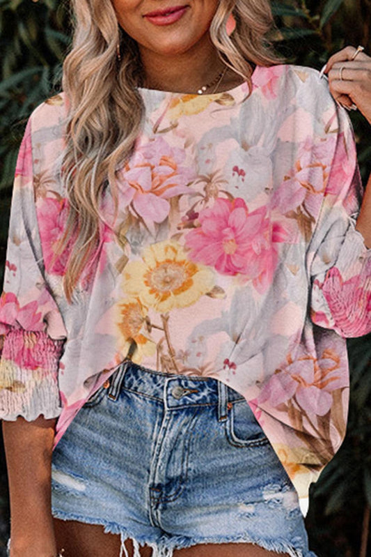 Pink Shirred Cuffs 3/4 Sleeve Loose Fit Floral Blouse - The Fair Lady Shop