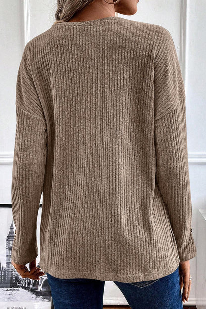 Rose Drop Shoulder Ribbed Knit Long Sleeve Henley Top - The Fair Lady Shop