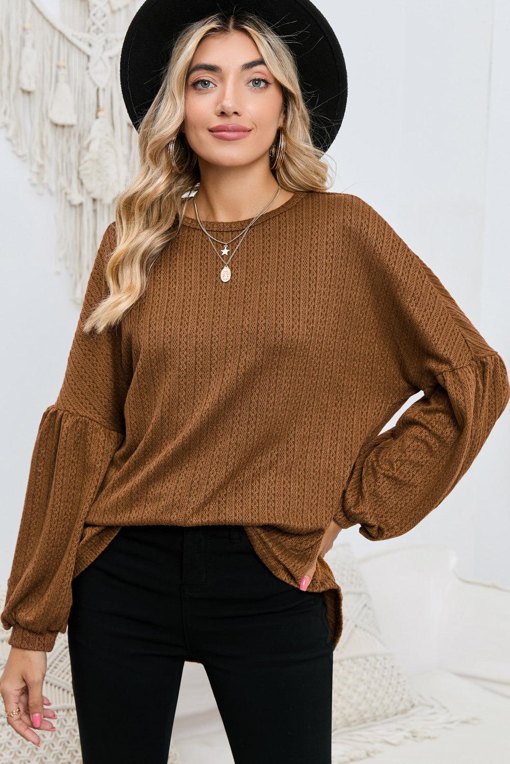 Ruby Solid Color Textured Lantern Sleeve Top - The Fair Lady Shop