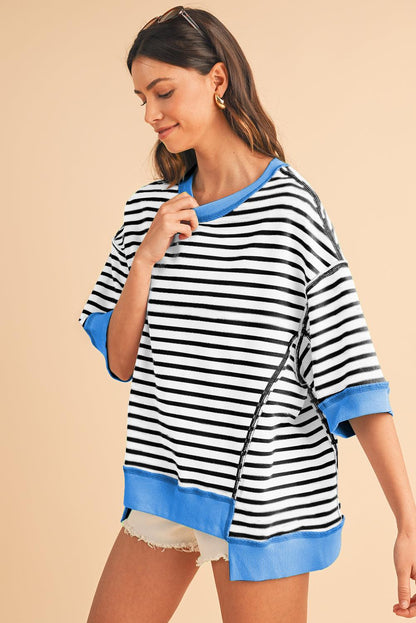 Pink Stripe Colorblock Drop Sleeve Oversized T Shirt - The Fair Lady Shop