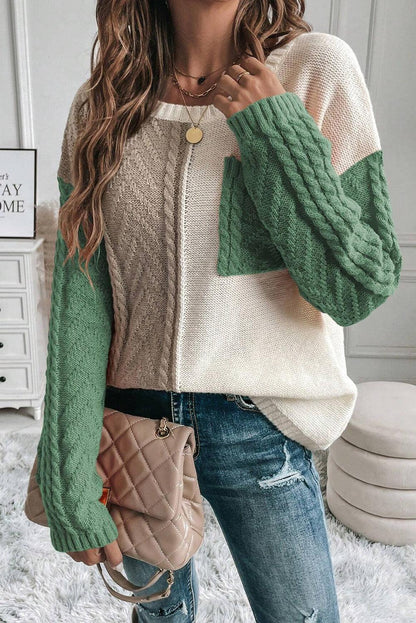 Rose Tan Colorblock Pocket Drop Shoulder Sweater - The Fair Lady Shop