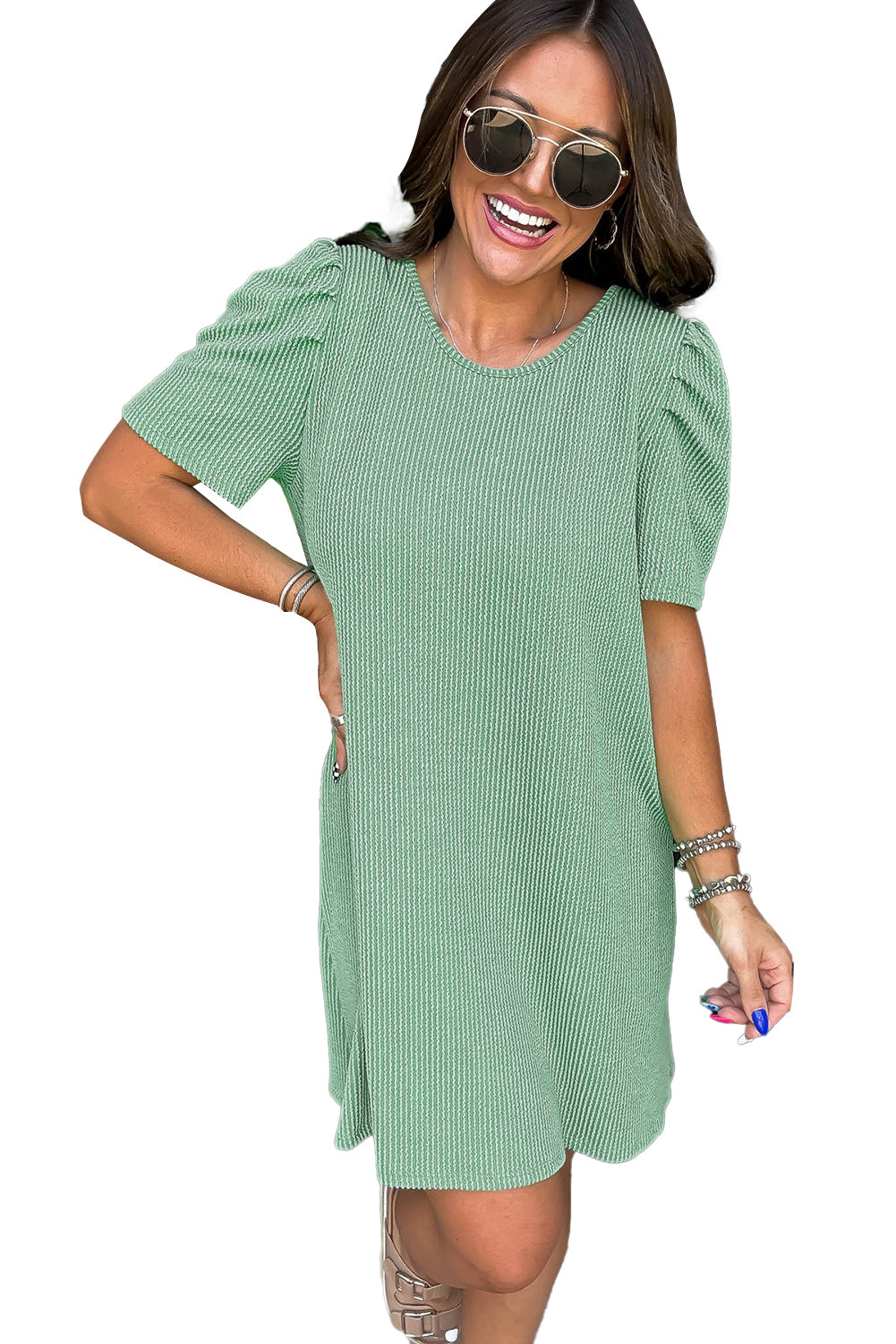 Mint Green Corded Crew Neck Puff Sleeve Mini Dress - The Fair Lady Shop