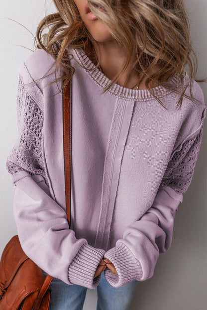 Orchid Petal Crochet Patchwork Exposed Seam Ribbed Trim Sweatshirt - The Fair Lady Shop