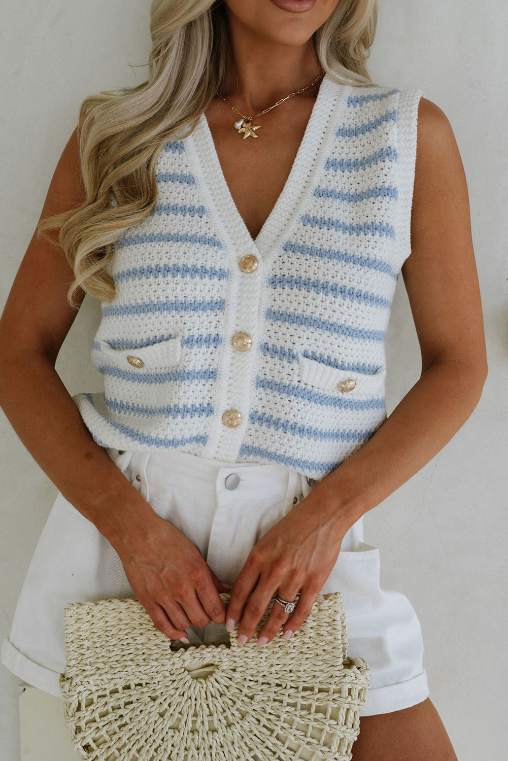 Sky Blue Striped V Neck Button Knit Vest - The Fair Lady Shop