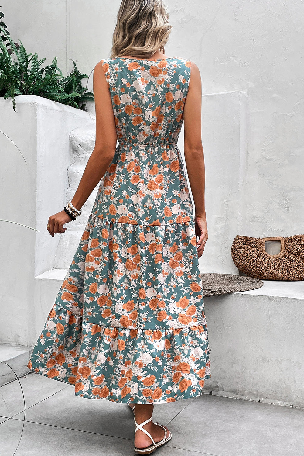 Green Floral Print Trimmed V Neck Sleeveless Vacation Dress - The Fair Lady Shop
