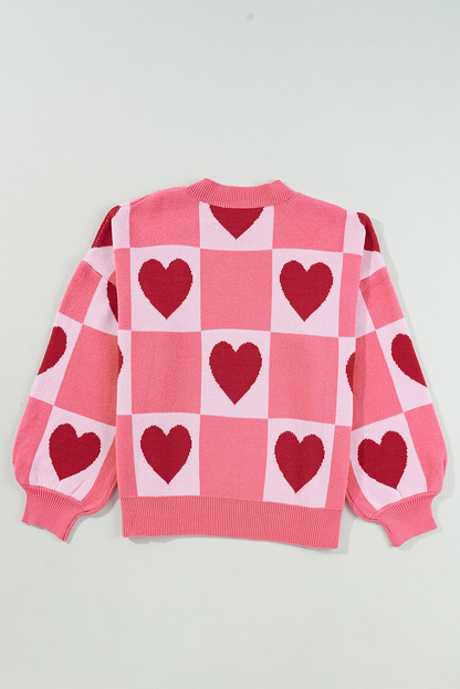 Pink Love Heart Checkered Valentine Knit Sweater - The Fair Lady Shop