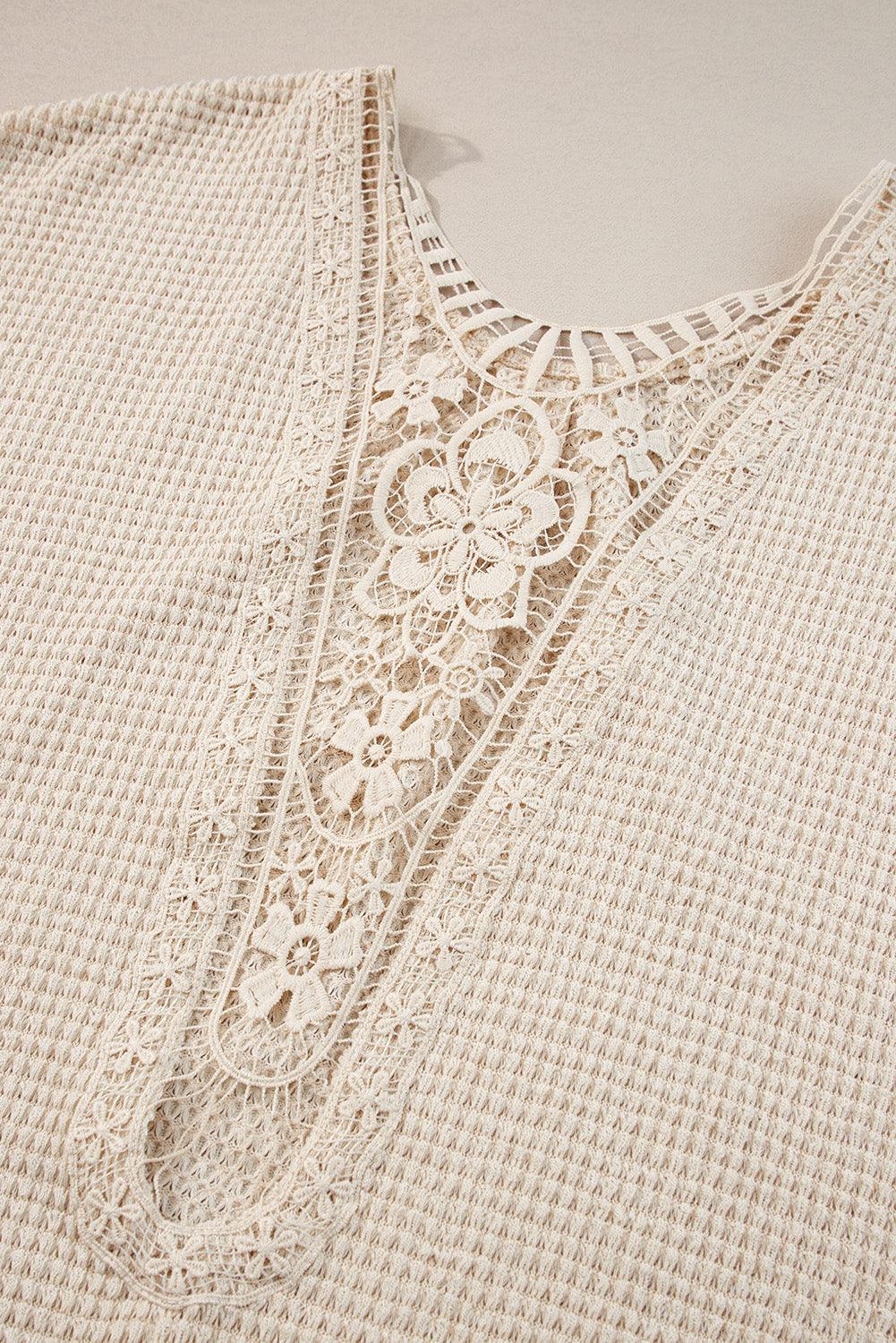 Oatmeal Guipure Lace Splicing Back Waffle Textured T-shirt - The Fair Lady Shop