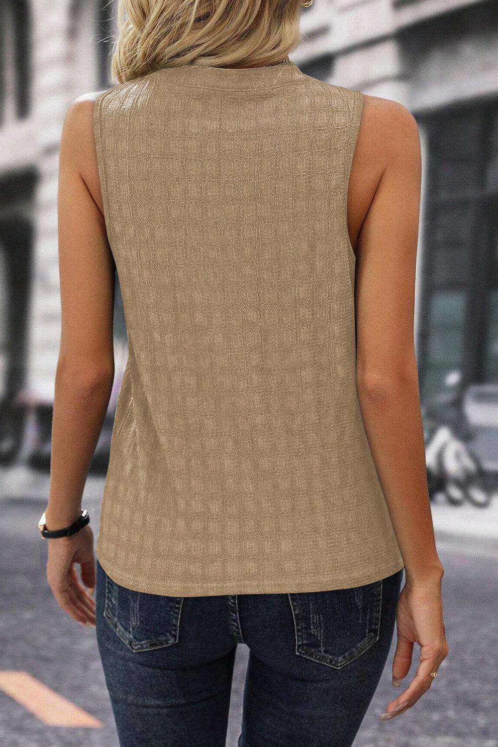 Light Beige Textured Split V Neck Sleeveless Shirt - The Fair Lady Shop