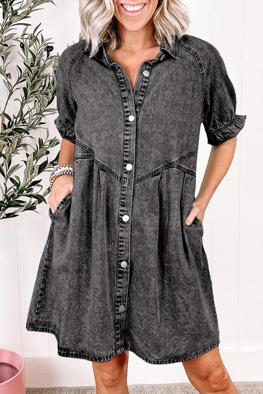 Blue Mineral Washed Ruffled Short Sleeve Pocketed Denim Dress - The Fair Lady Shop