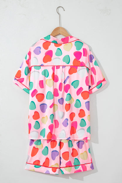 Pink Full Heart Pattern Shirt and Shorts Satin Pajama Set - The Fair Lady Shop