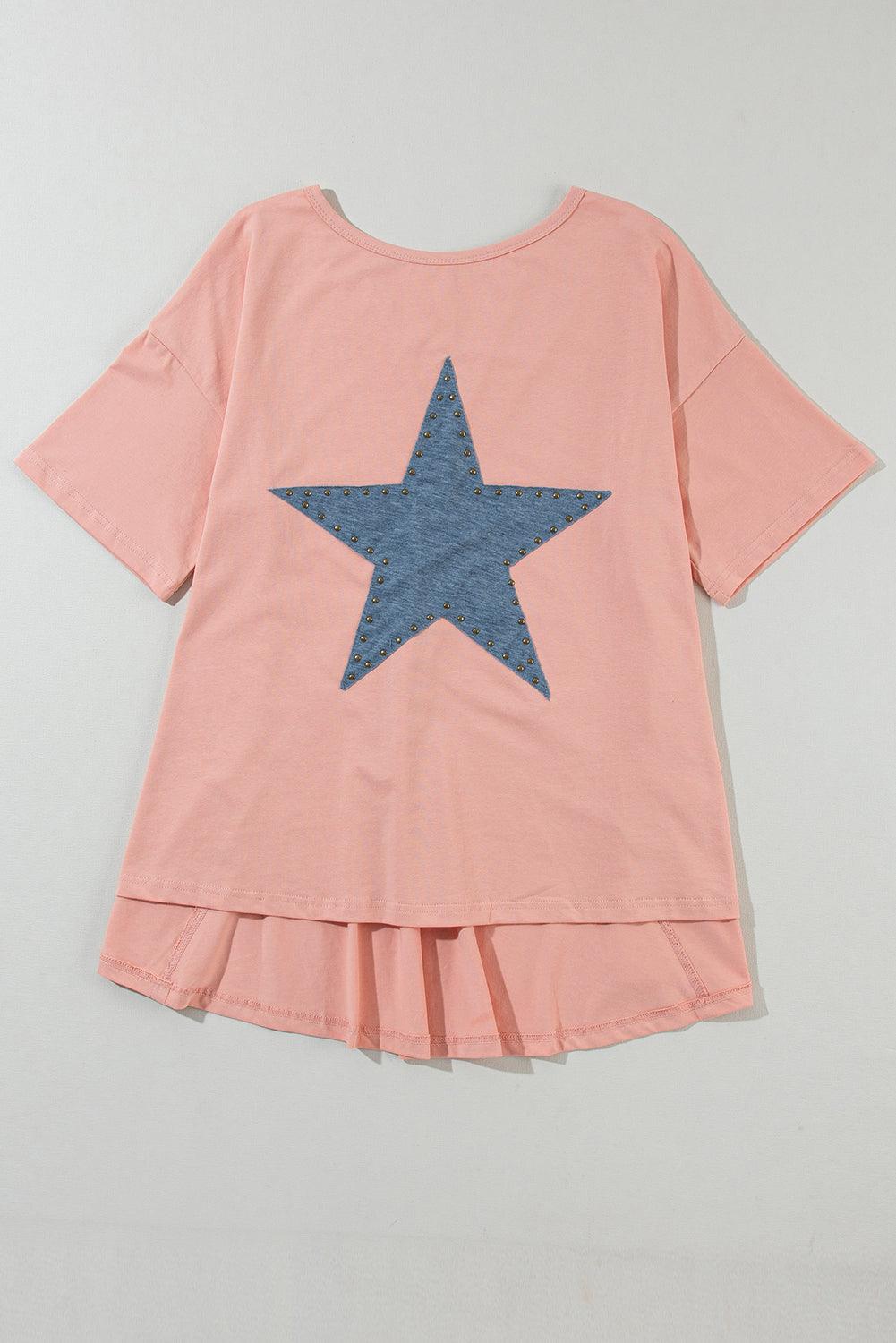 Apricot Pink Studded Star Patch Side Slits High Low Tee - The Fair Lady Shop