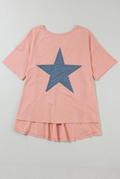 Apricot Pink Studded Star Patch Side Slits High Low Tee - The Fair Lady Shop