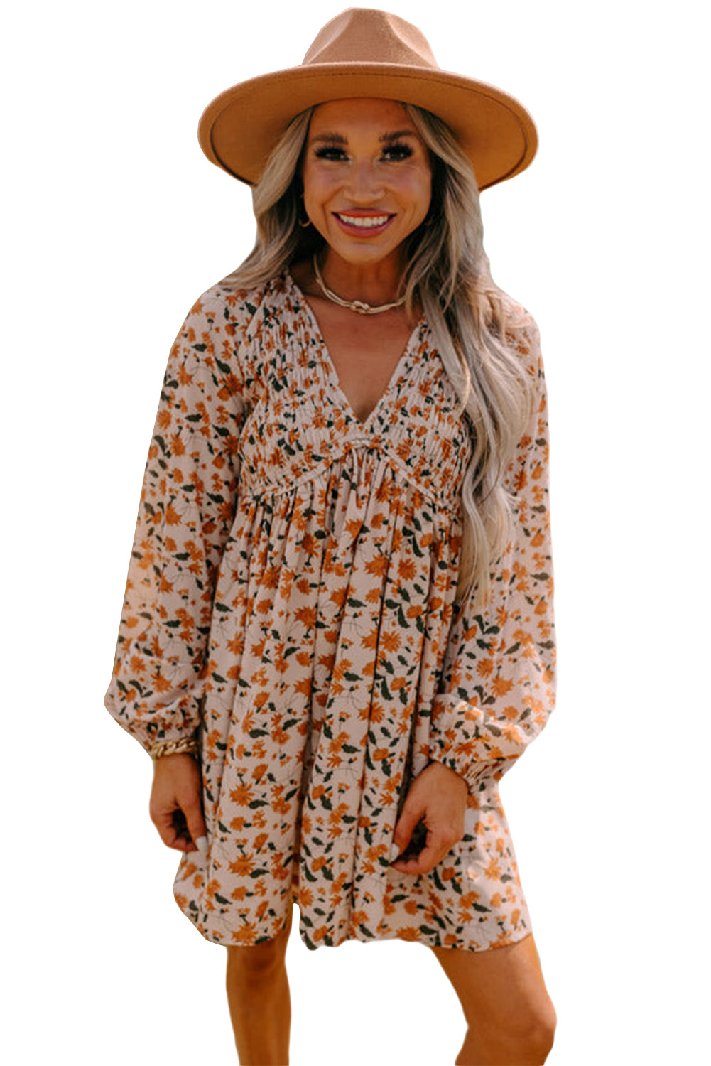 Beige Floral Smocked V Neck Bubble Sleeve Babydoll Dress - The Fair Lady Shop
