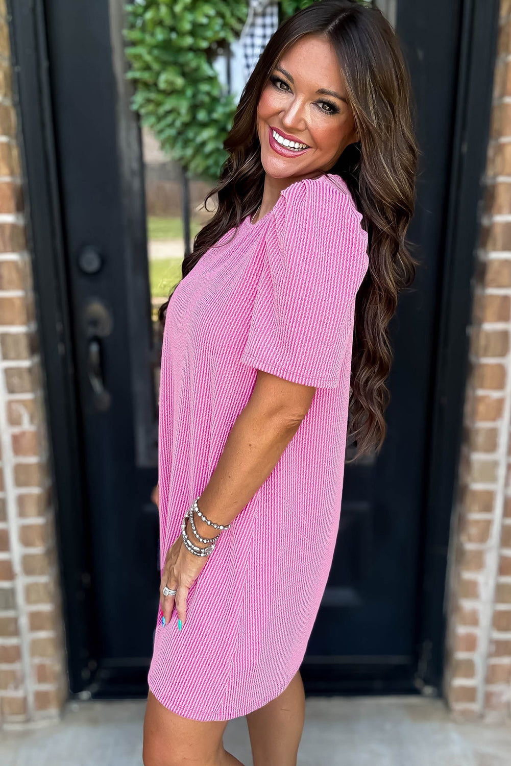 Bright Pink Corded Crew Neck Puff Sleeve Mini Dress - The Fair Lady Shop