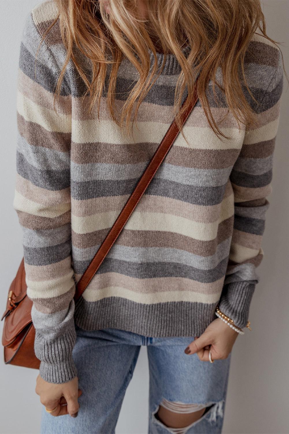 Gray Striped Ribbed Edge Round Neck Sweater - The Fair Lady Shop