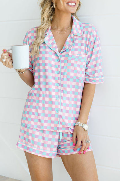 Purple Checkered Pattern Short Sleeve Pajamas Set - The Fair Lady Shop