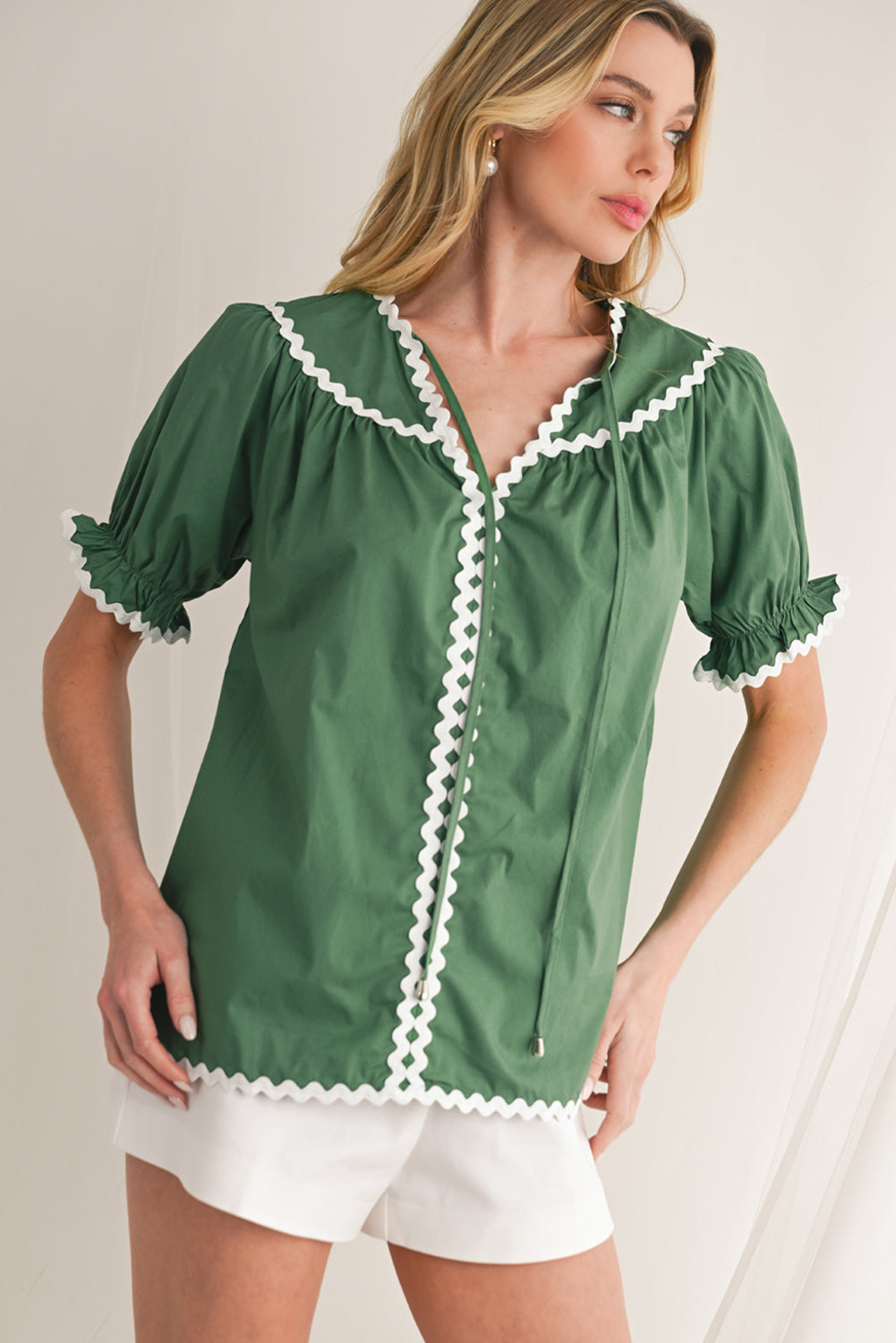 Mist Green V Neck Tie Detail Ricrac Blouse - The Fair Lady Shop