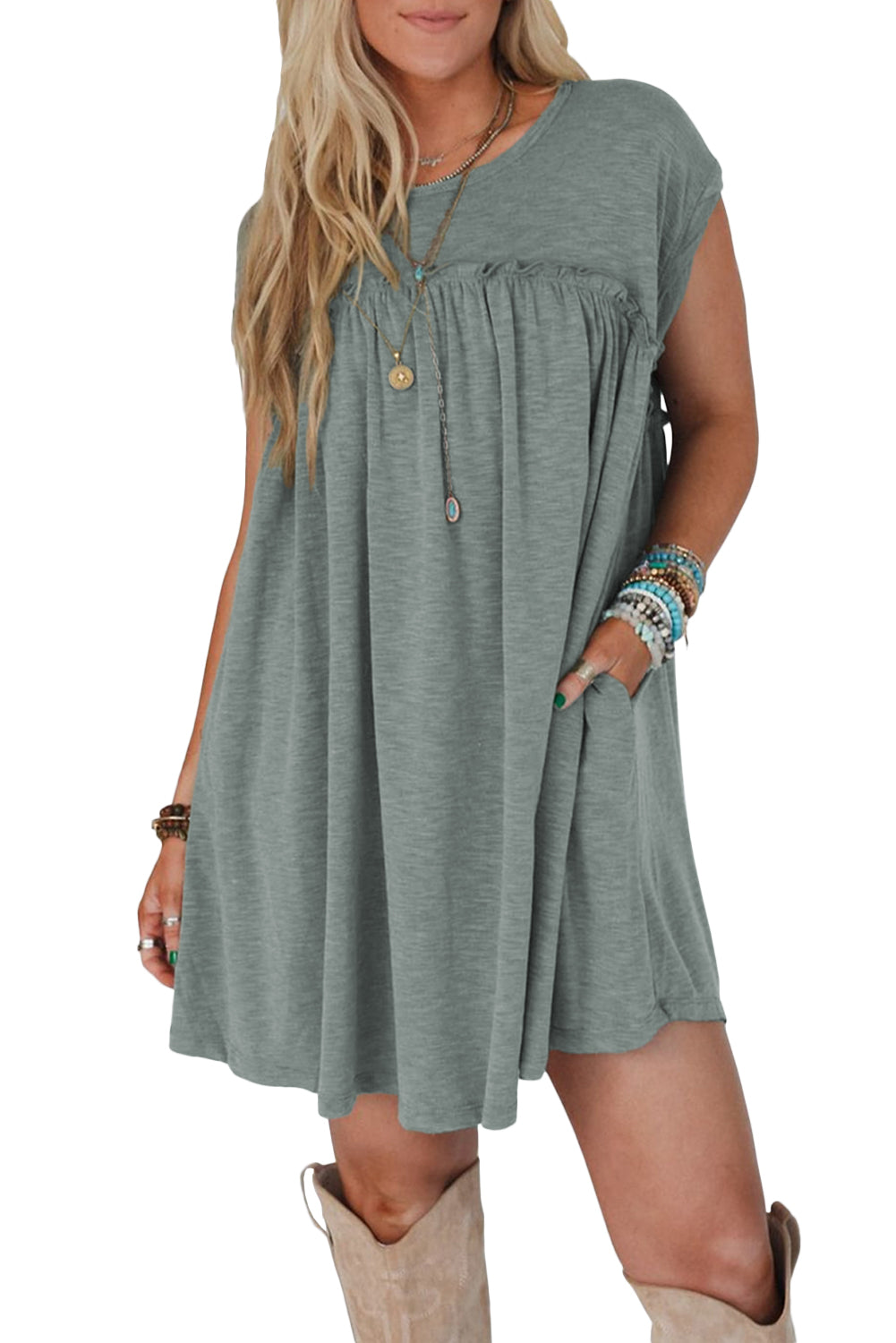 Mist Green Frilled Seam Round Neck T Shirt Dress - The Fair Lady Shop