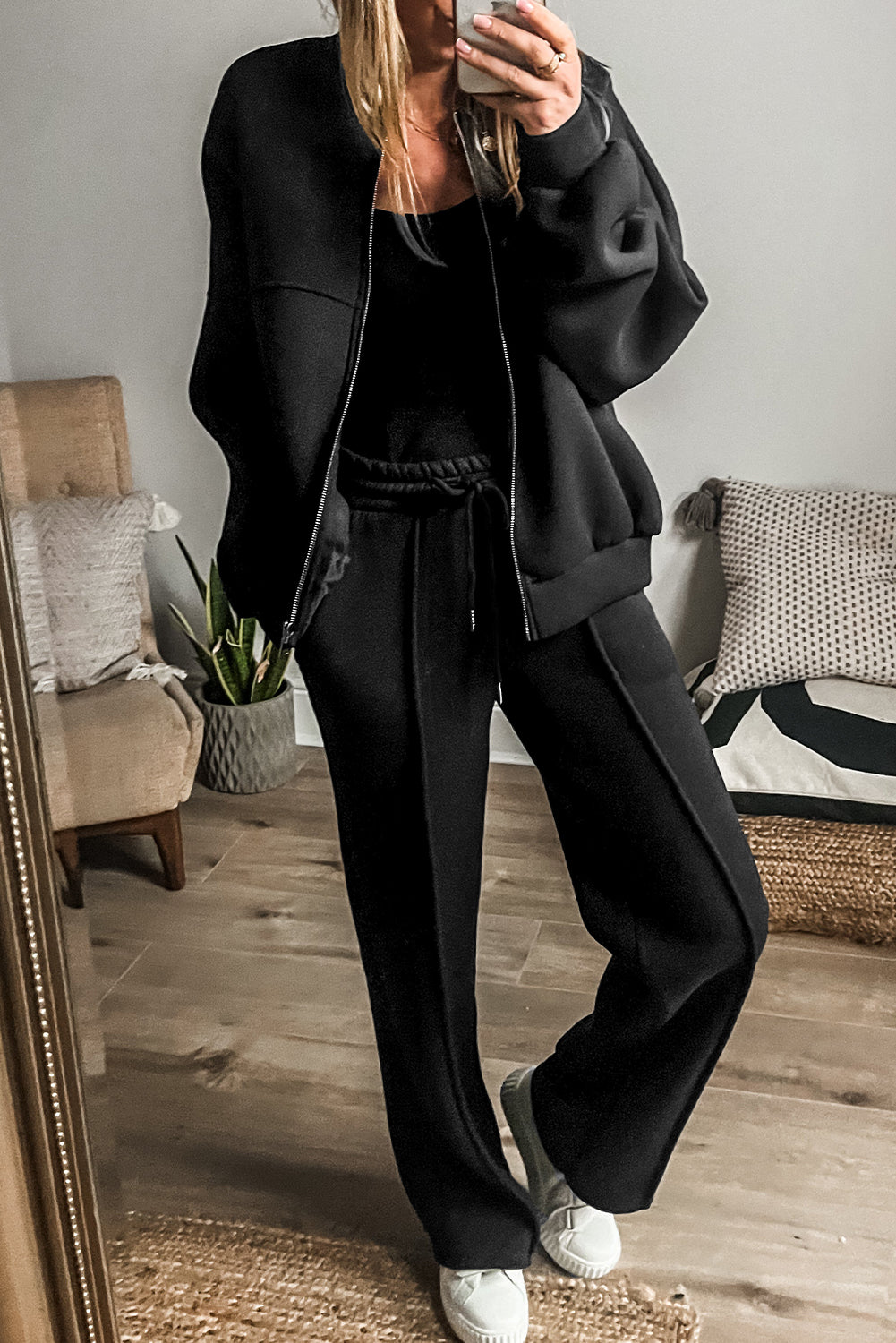 Black Seamed Zipper Jacket and Drawstring Waist Pants Set - The Fair Lady Shop