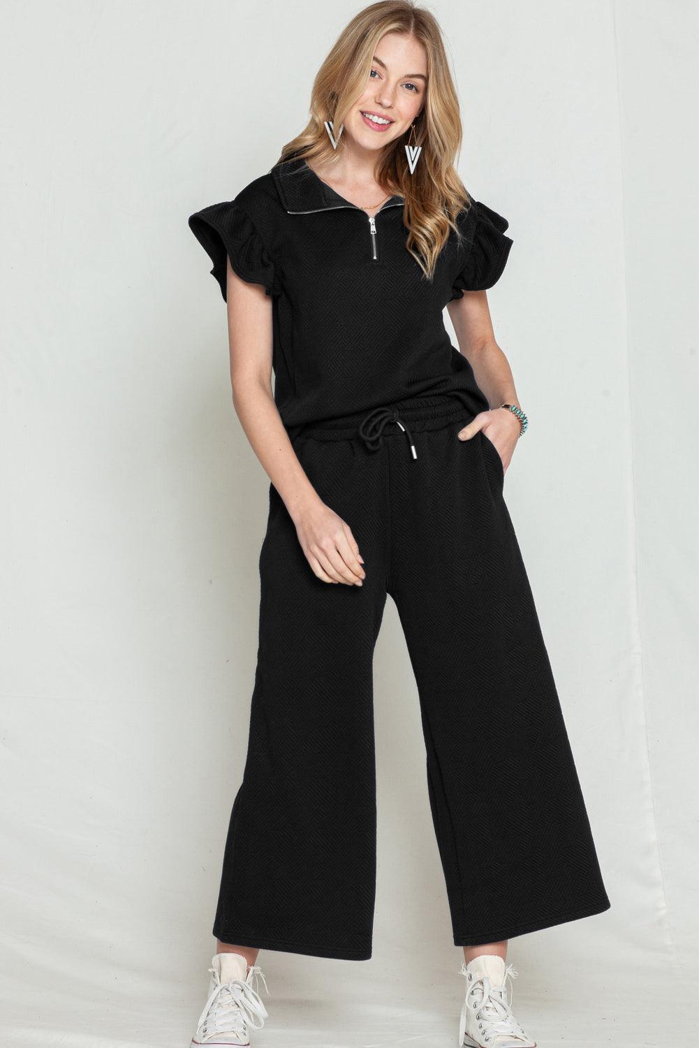 Black Textured Ruffle Cap Sleeve Top and Wide Leg Pants Set - The Fair Lady Shop