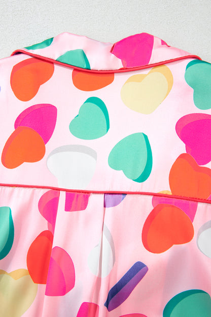 Pink Full Heart Pattern Shirt and Shorts Satin Pajama Set - The Fair Lady Shop