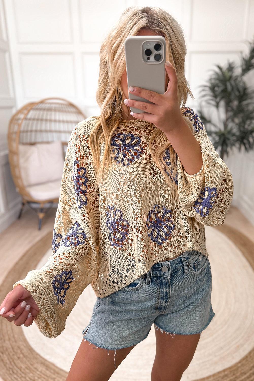 Beige Flower Print Drop Shoulder Hollow Knit Sweater - The Fair Lady Shop