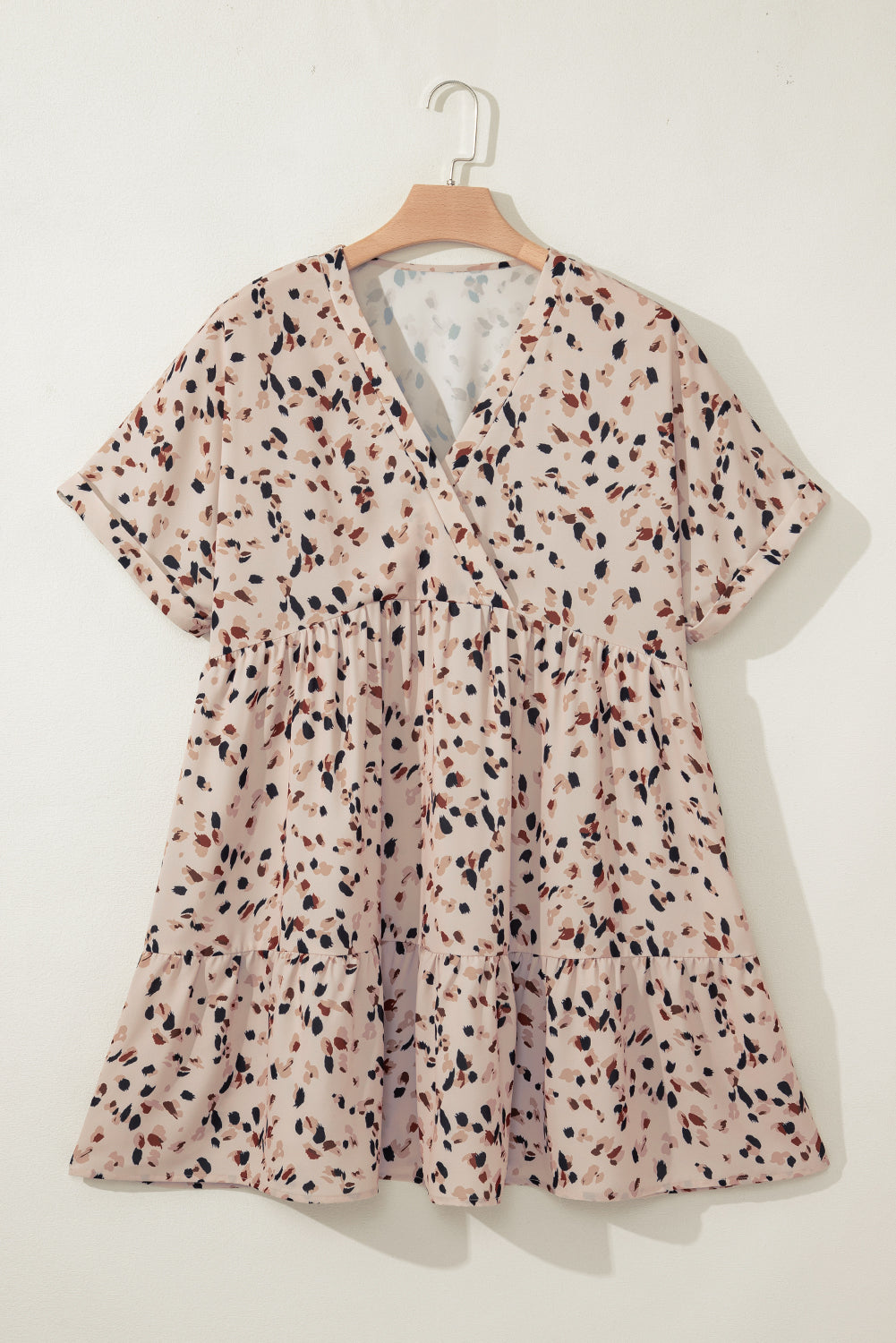 Beige Abstract Print Surplice V Neck Cuffed Sleeve Empire Waist Plus Size Dress - The Fair Lady Shop
