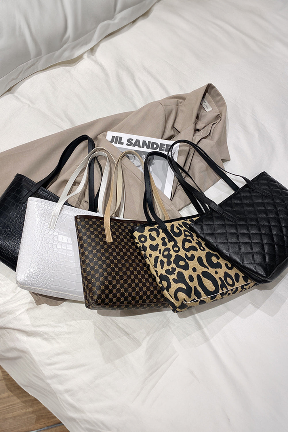 Dark Brown Geometric PU Leather Tote Bag