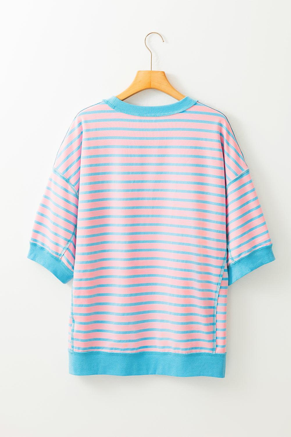 Pink Stripe Colorblock Drop Sleeve Oversized T Shirt - The Fair Lady Shop