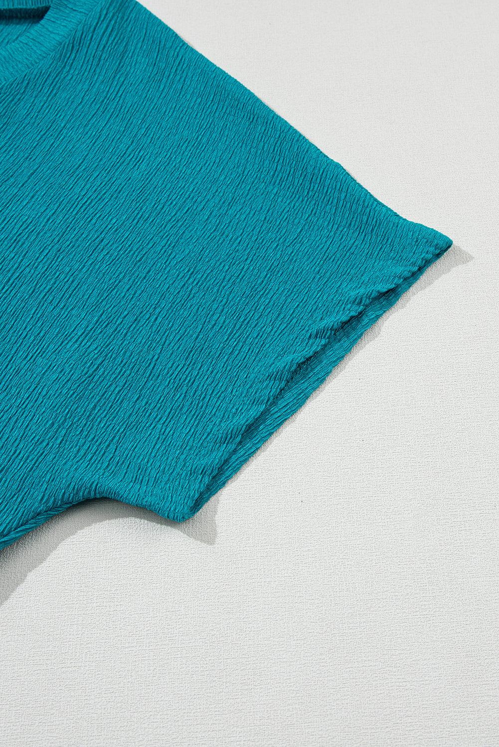 Blue Plain Crinkled V Neck Flounce Sleeve T Shirt - The Fair Lady Shop