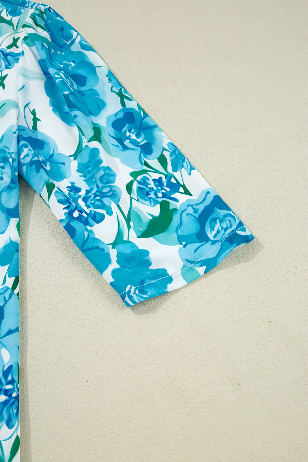 Green Floral Print Stand Neck Puff Sleeve Shirt