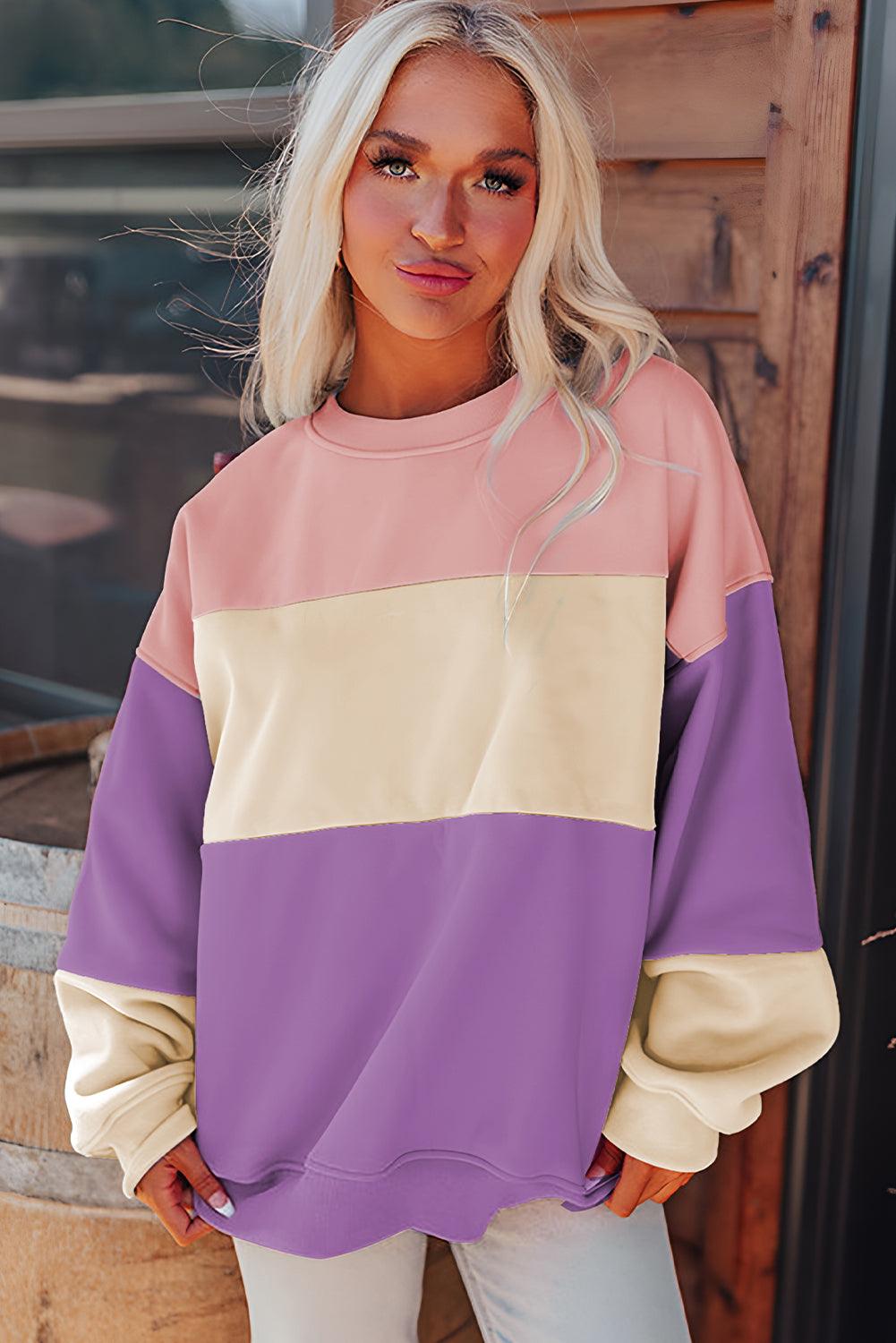 Meadow Mauve Colorblock Patchwork Drop Shoulder Sweatshirt - The Fair Lady Shop