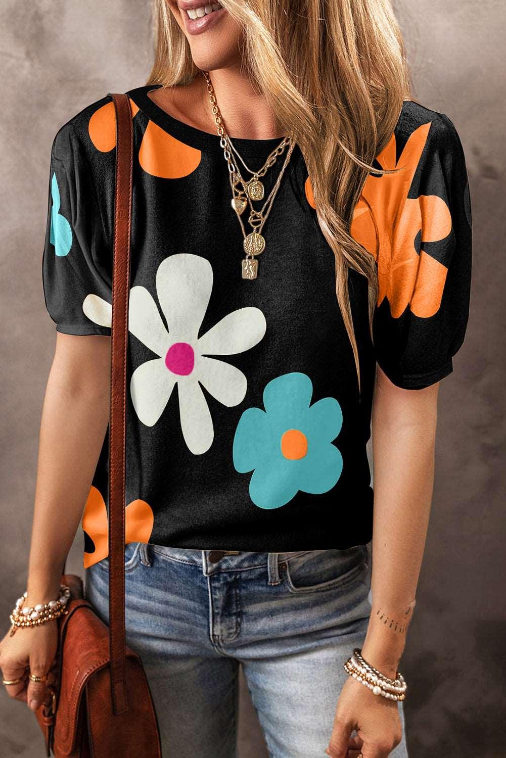 Apricot Colorful Flower Print Bubble Sleeve Tee - The Fair Lady Shop