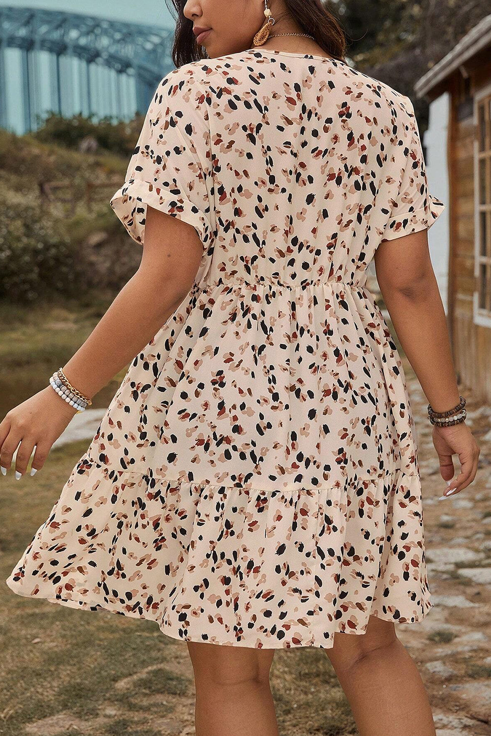 Beige Abstract Print Surplice V Neck Cuffed Sleeve Empire Waist Plus Size Dress - The Fair Lady Shop
