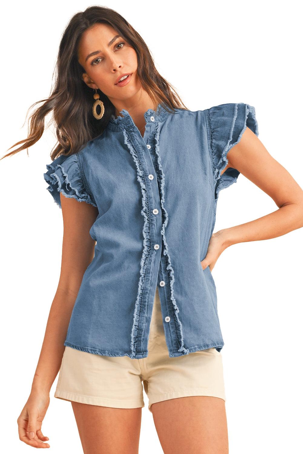 Ashleigh Blue Button Front Ruffled Flutter Frayed Denim Top - The Fair Lady Shop