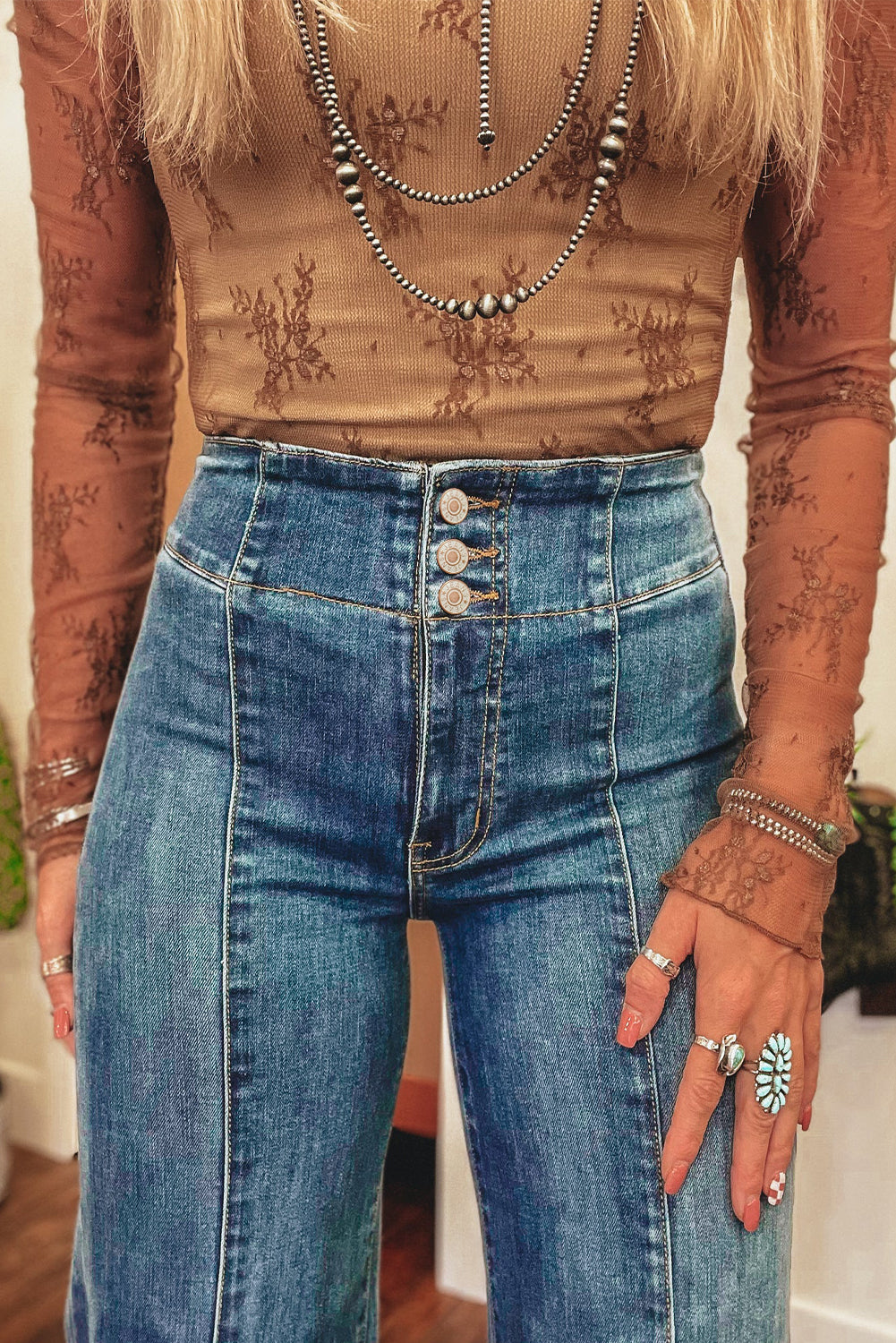 Sail Blue High Waist Button Raw Hem Jeans - The Fair Lady Shop
